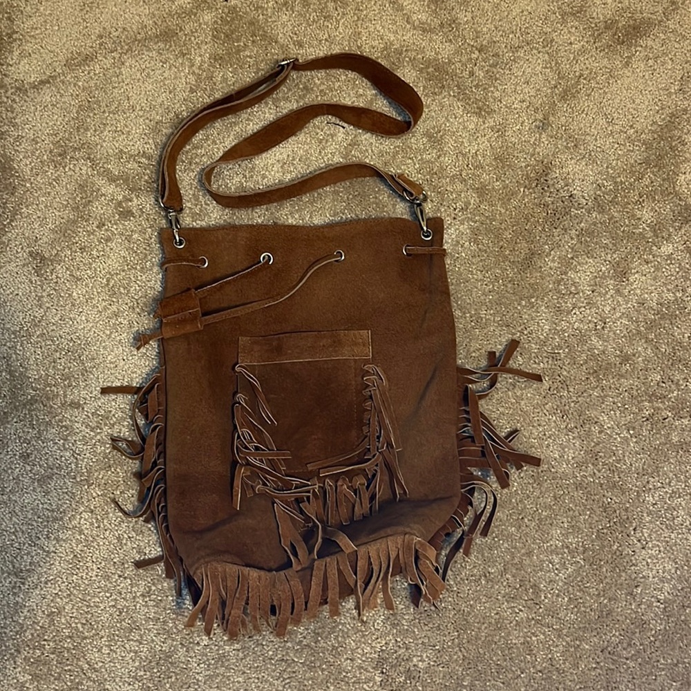 Boho Style Fringe Drawstring Leather Bag